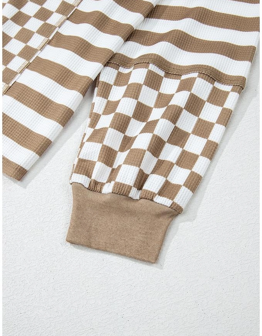 Khaki Checkerboard Striped Patchwork Lantern Sleeve Pocketed Blouse