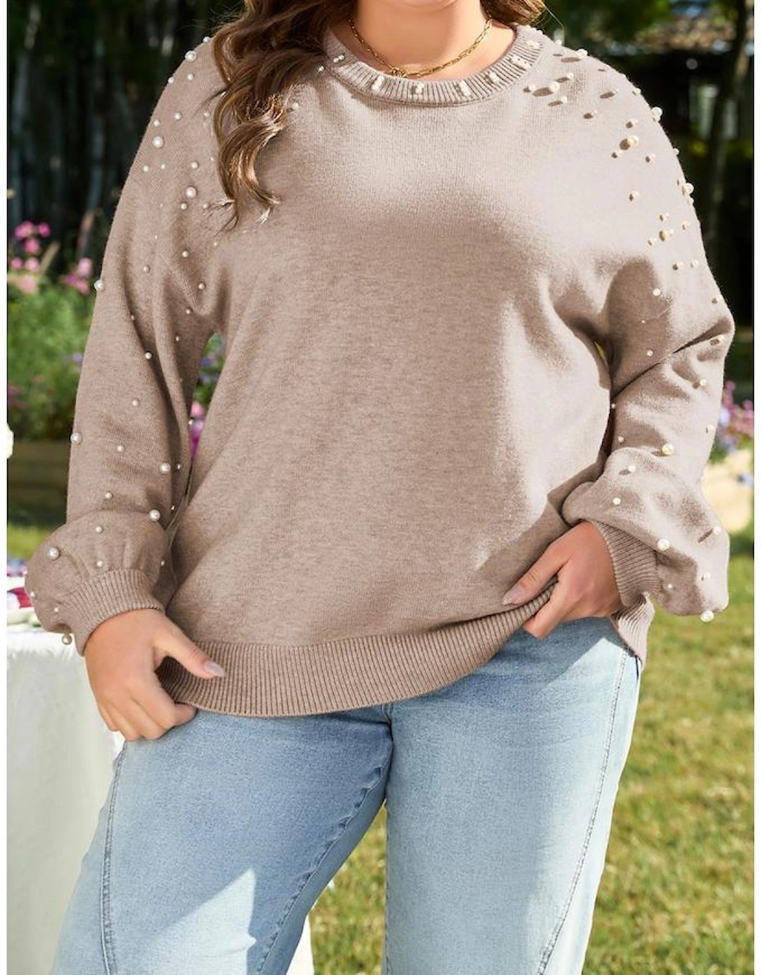 Smoke Gray Pearled Drop Shoulder Plus Size Sweater