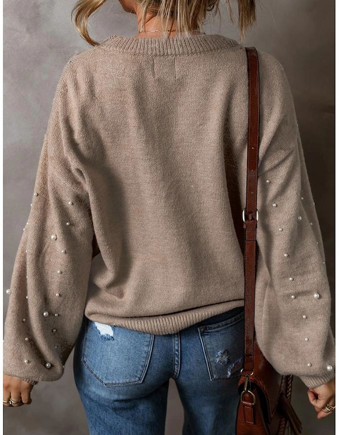 Smoke Gray Pearled Drop Shoulder Plus Size Sweater