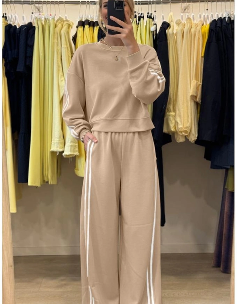 Oatmeal Varsity Striped Detail Crewneck Pullover Elastic Sweatpants 2pcs Outfit