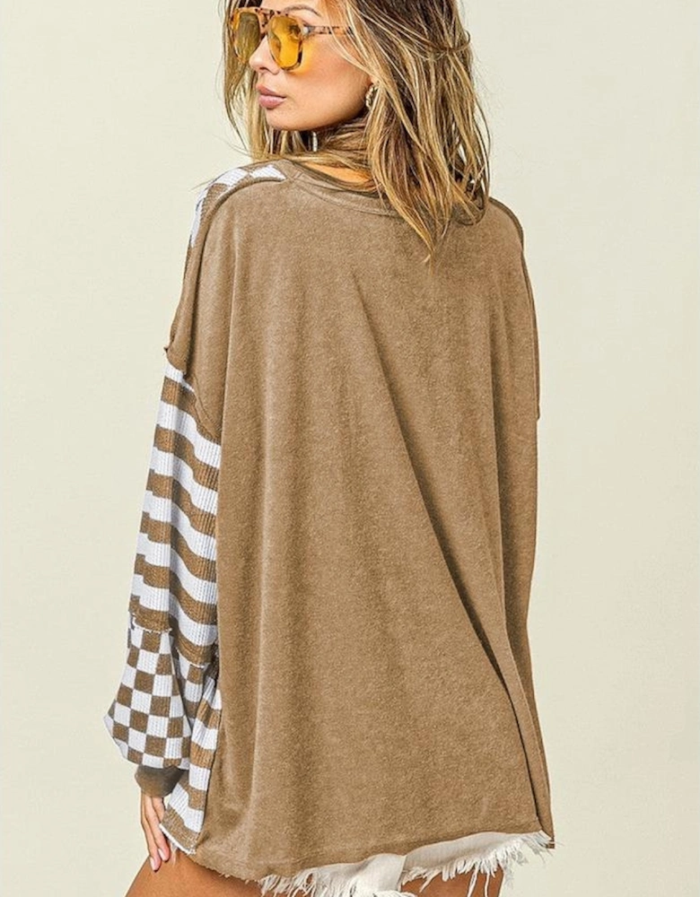 Khaki Checkerboard Striped Patchwork Lantern Sleeve Pocketed Blouse