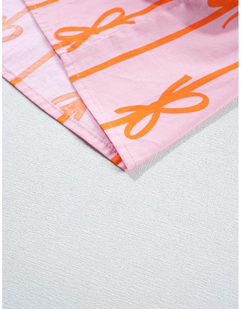 Pink Bowknot Striped Printed Tiered Ruffled Mini Shirt Dress