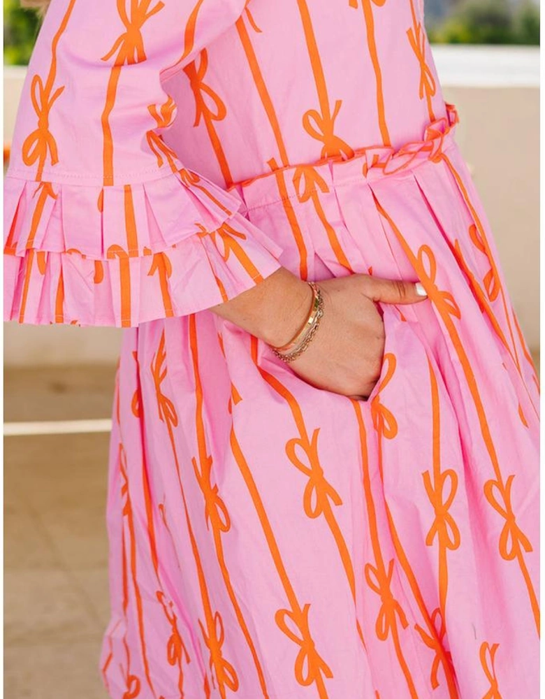 Pink Bowknot Striped Printed Tiered Ruffled Mini Shirt Dress