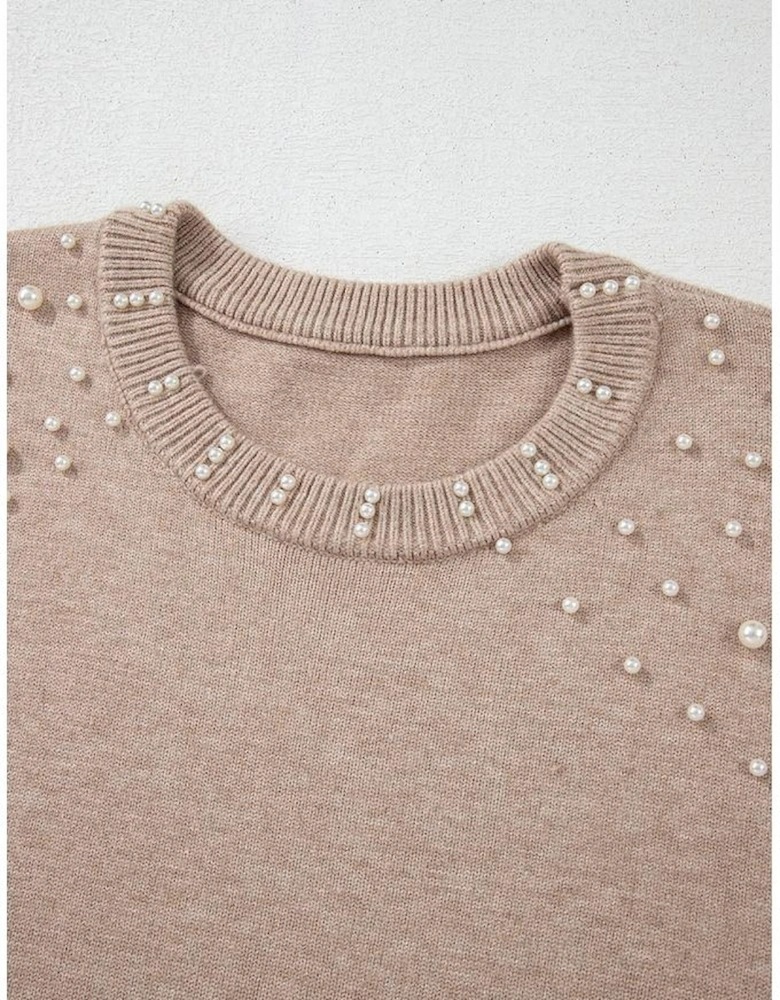 Smoke Gray Pearled Drop Shoulder Plus Size Sweater