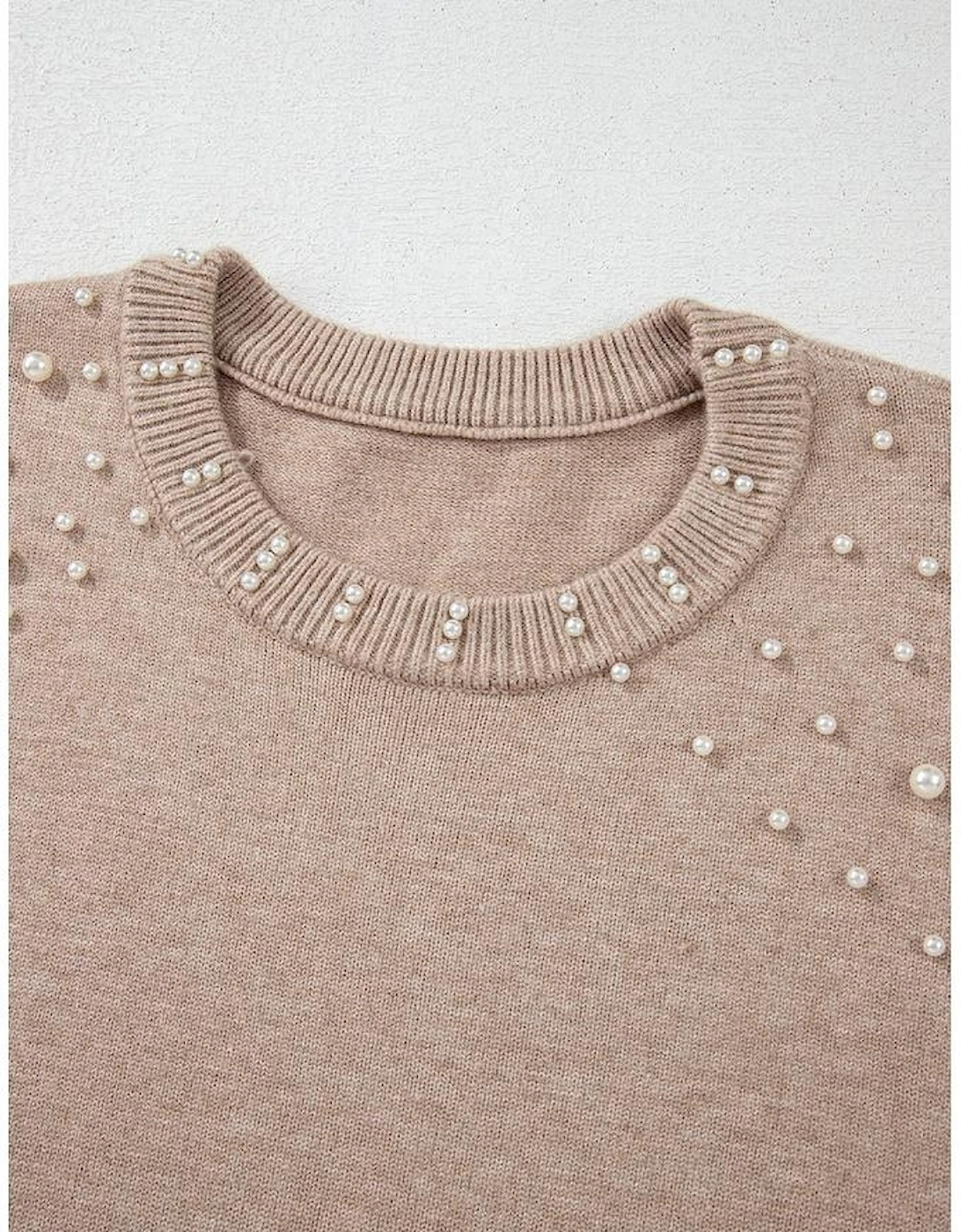 Smoke Gray Pearled Drop Shoulder Plus Size Sweater