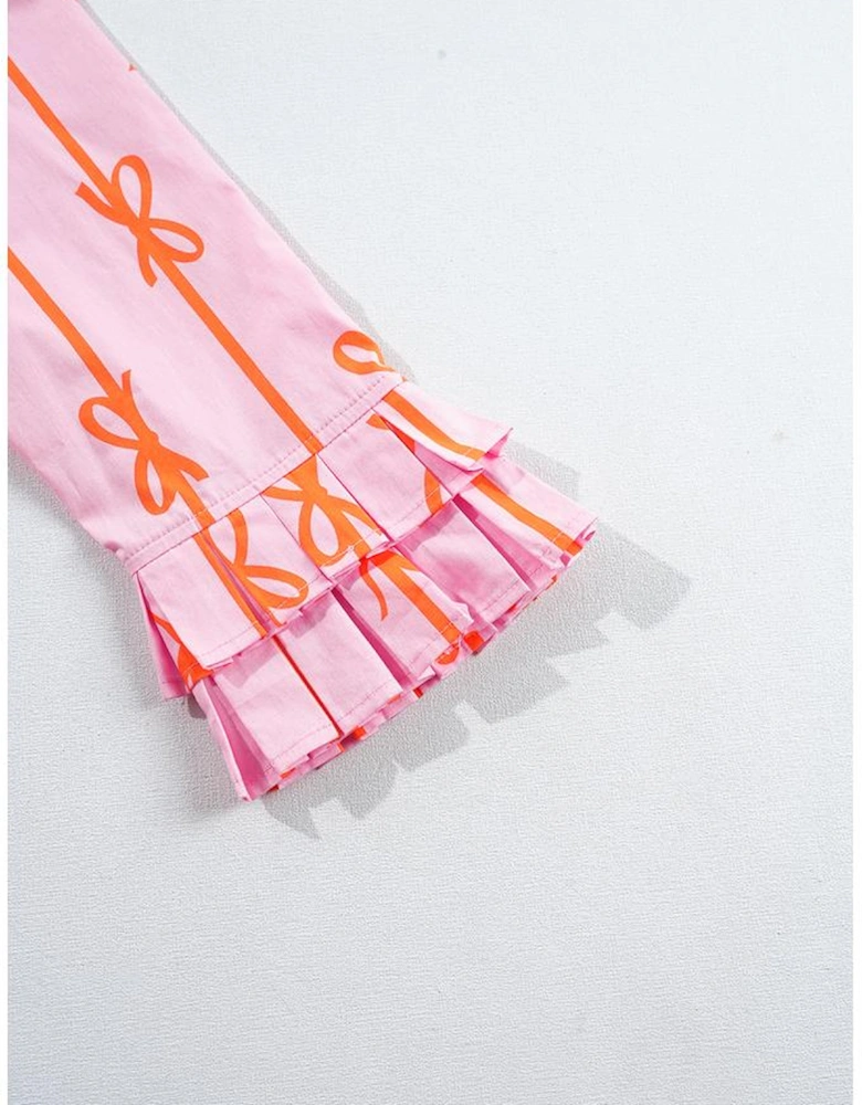 Pink Bowknot Striped Printed Tiered Ruffled Mini Shirt Dress
