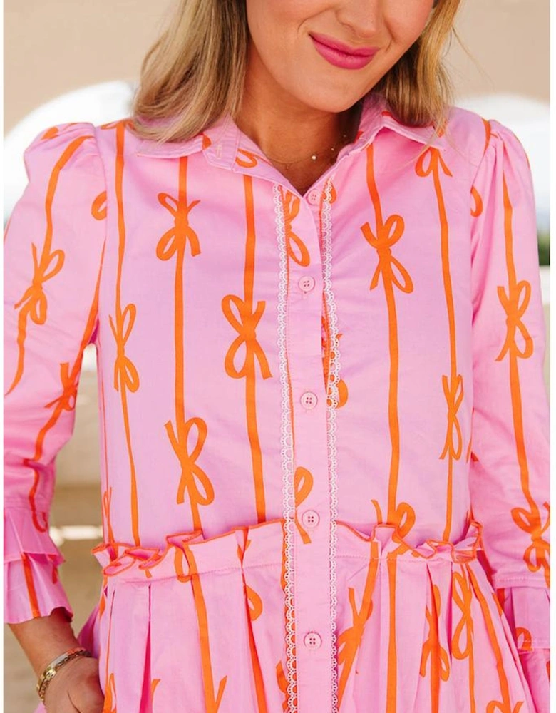 Pink Bowknot Striped Printed Tiered Ruffled Mini Shirt Dress