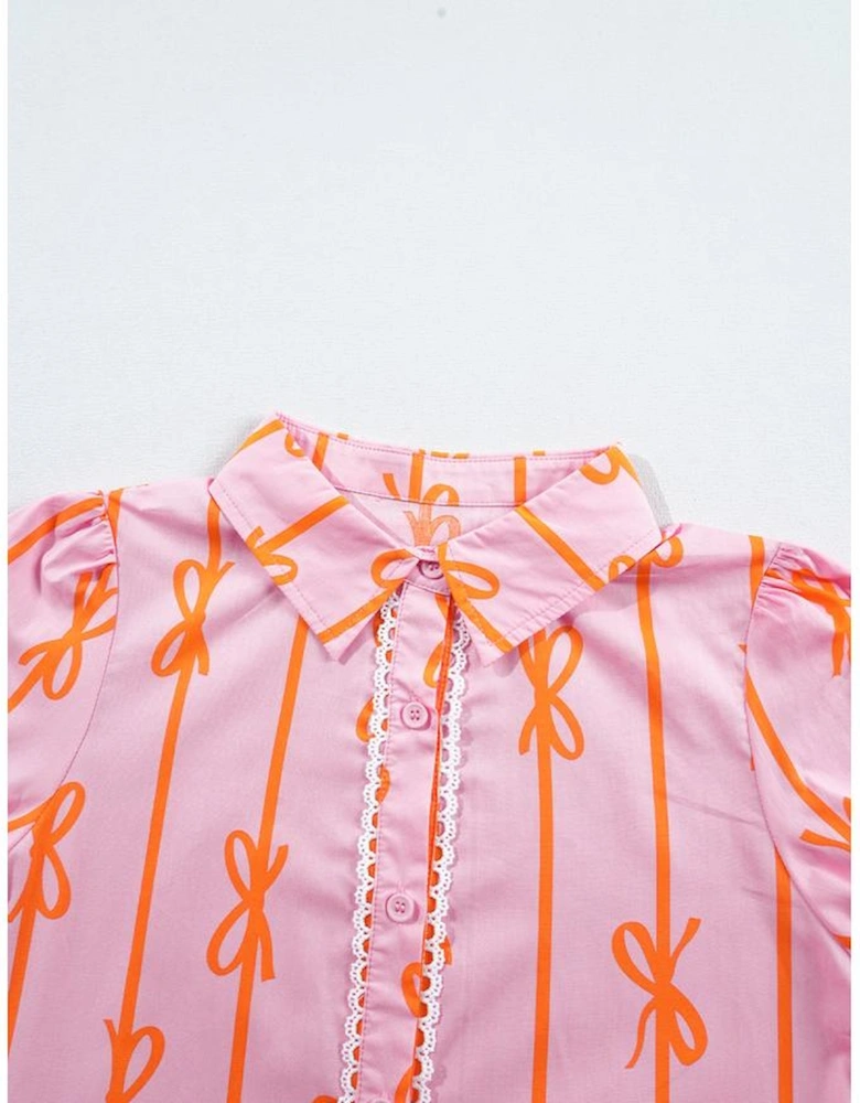 Pink Bowknot Striped Printed Tiered Ruffled Mini Shirt Dress