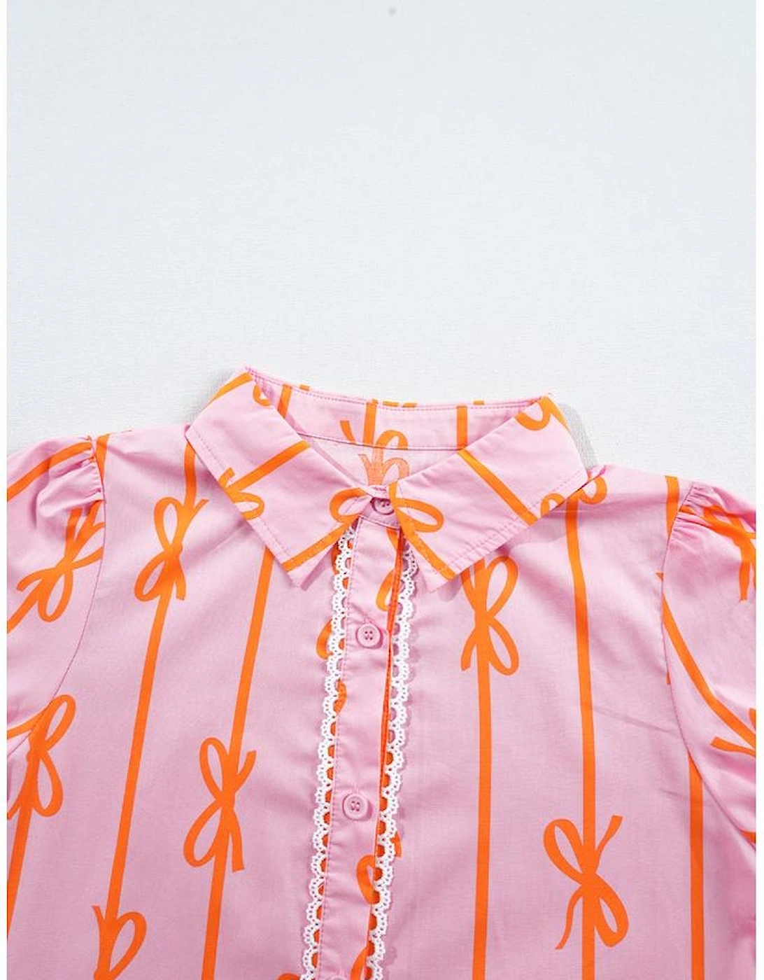 Pink Bowknot Striped Printed Tiered Ruffled Mini Shirt Dress