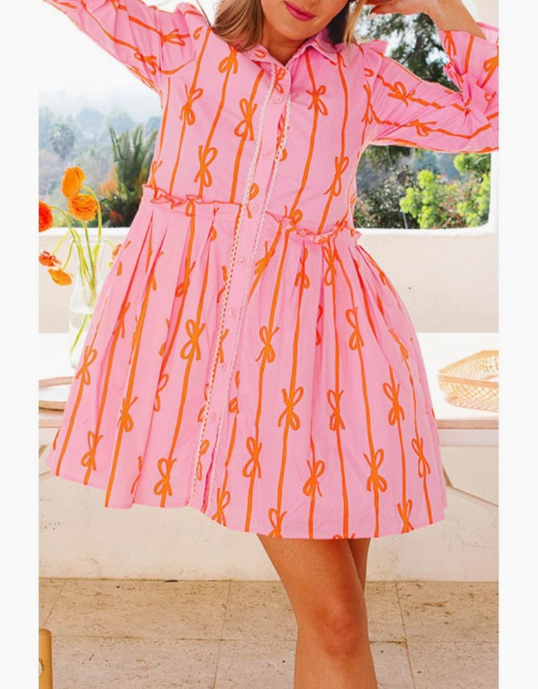 Pink Bowknot Striped Printed Tiered Ruffled Mini Shirt Dress