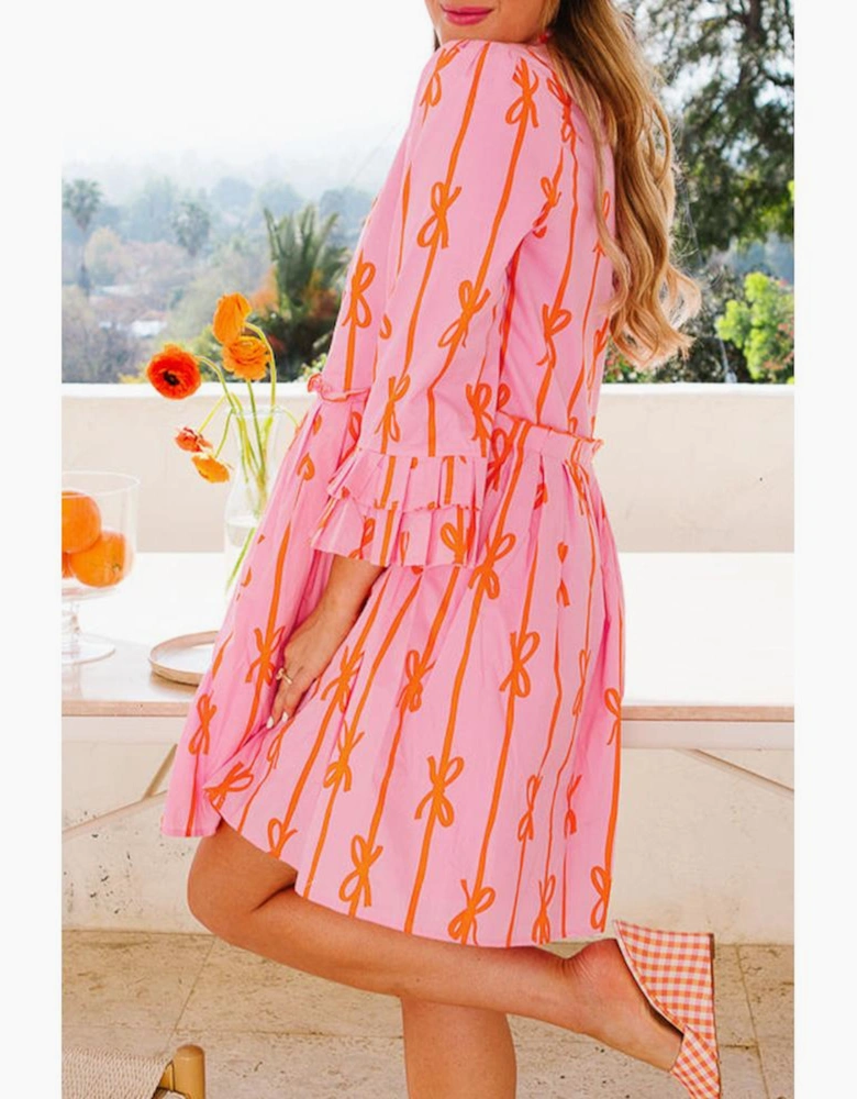 Pink Bowknot Striped Printed Tiered Ruffled Mini Shirt Dress