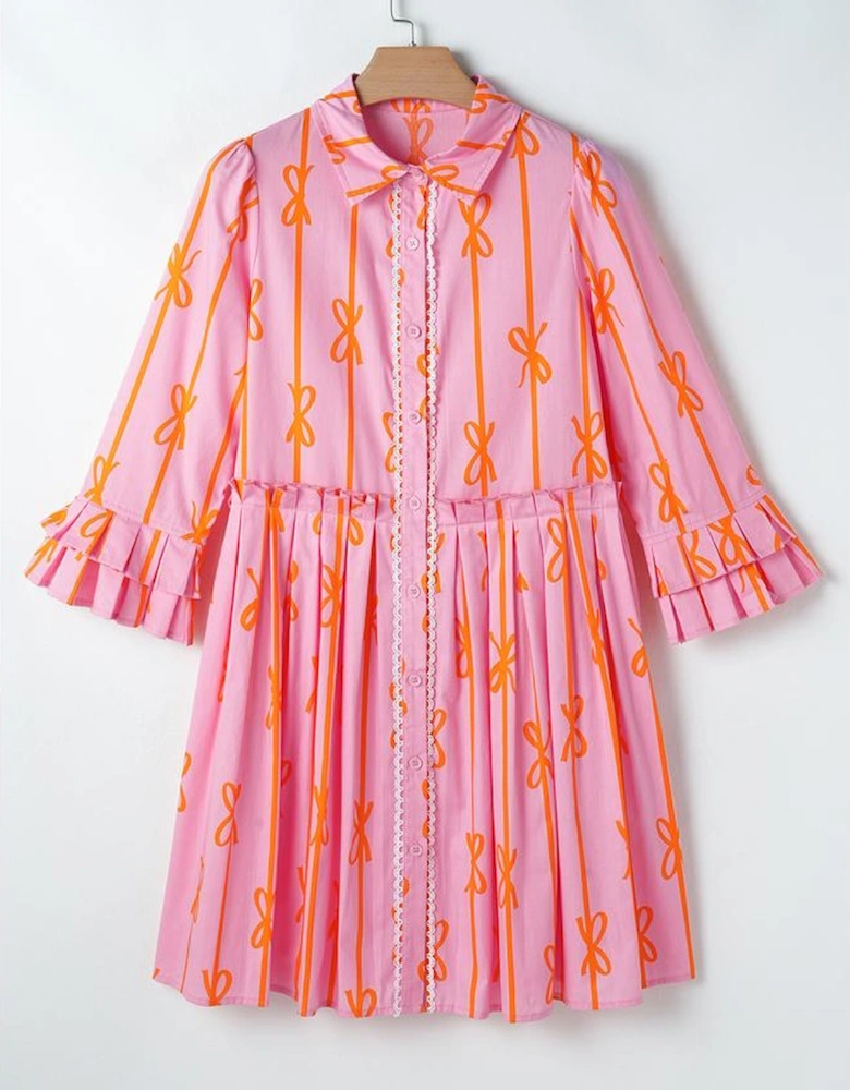 Pink Bowknot Striped Printed Tiered Ruffled Mini Shirt Dress