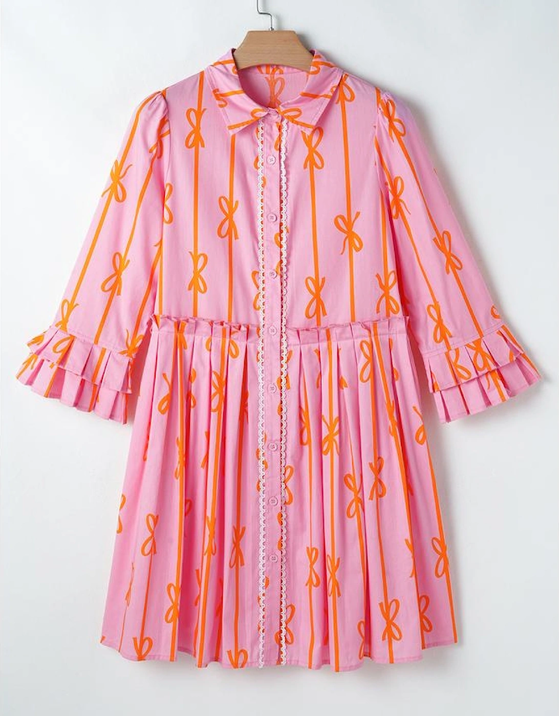 Pink Bowknot Striped Printed Tiered Ruffled Mini Shirt Dress