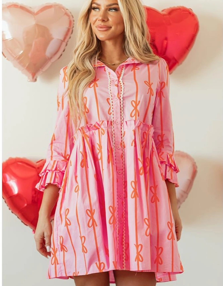 Pink Bowknot Striped Printed Tiered Ruffled Mini Shirt Dress