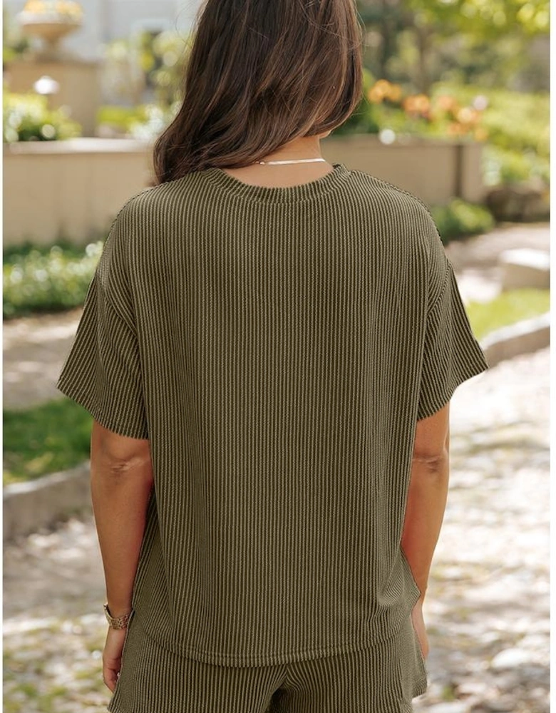 Jungle Green Ribbed Textured Knit Loose Fit Tee and Shorts Set
