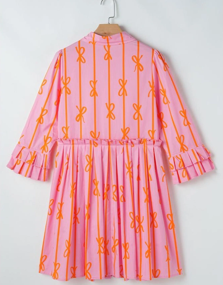 Pink Bowknot Striped Printed Tiered Ruffled Mini Shirt Dress