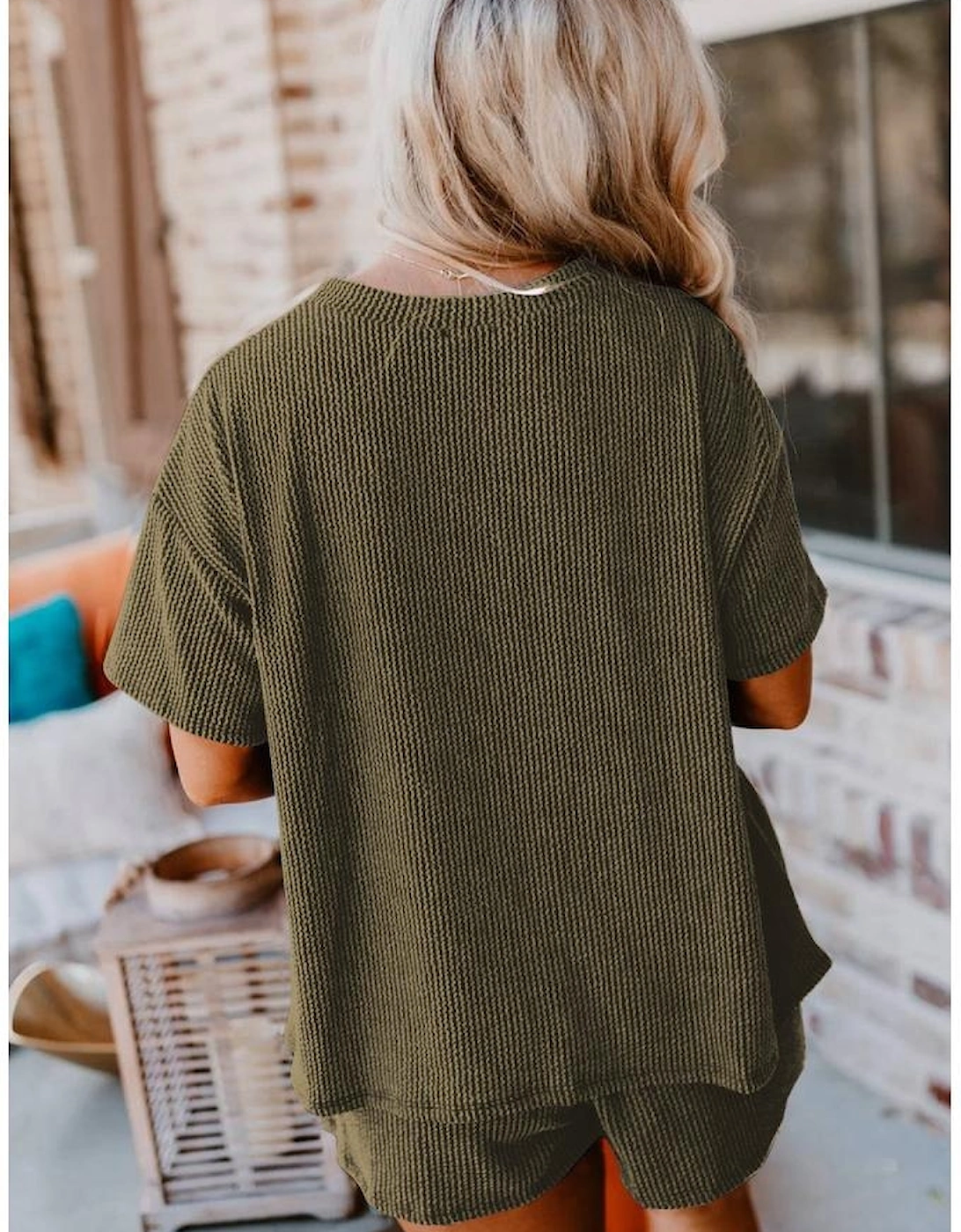 Jungle Green Ribbed Textured Knit Loose Fit Tee and Shorts Set
