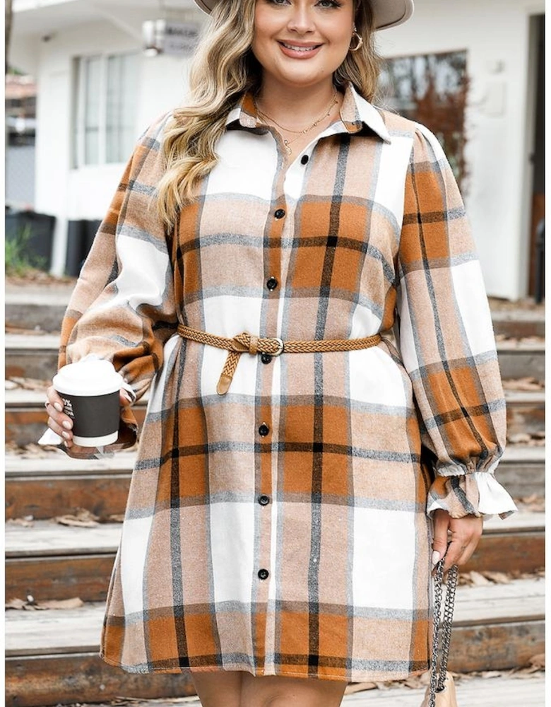 Khaki Plus Size Plaid Flounce Sleeve Button up Shirt Dress