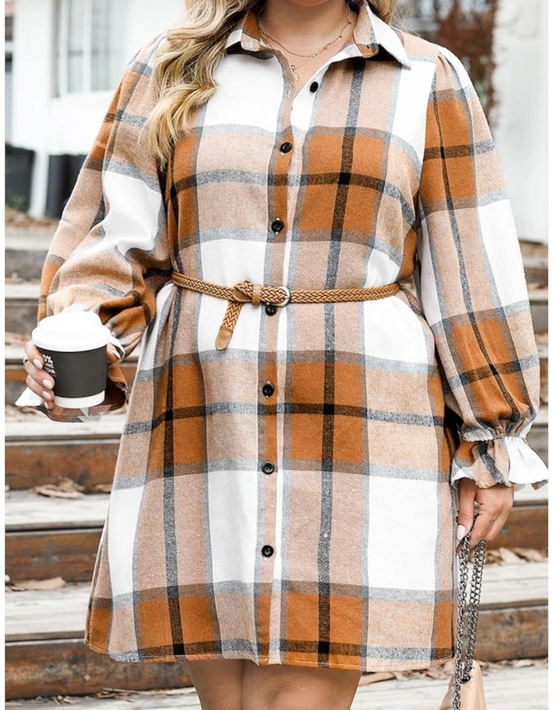 Khaki Plus Size Plaid Flounce Sleeve Button up Shirt Dress