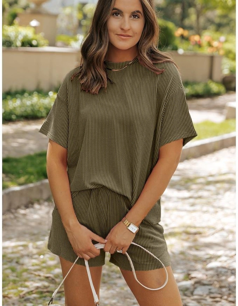 Jungle Green Ribbed Textured Knit Loose Fit Tee and Shorts Set