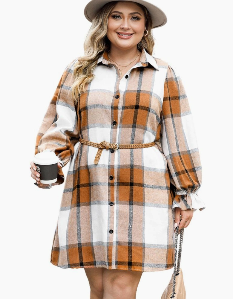 Khaki Plus Size Plaid Flounce Sleeve Button up Shirt Dress
