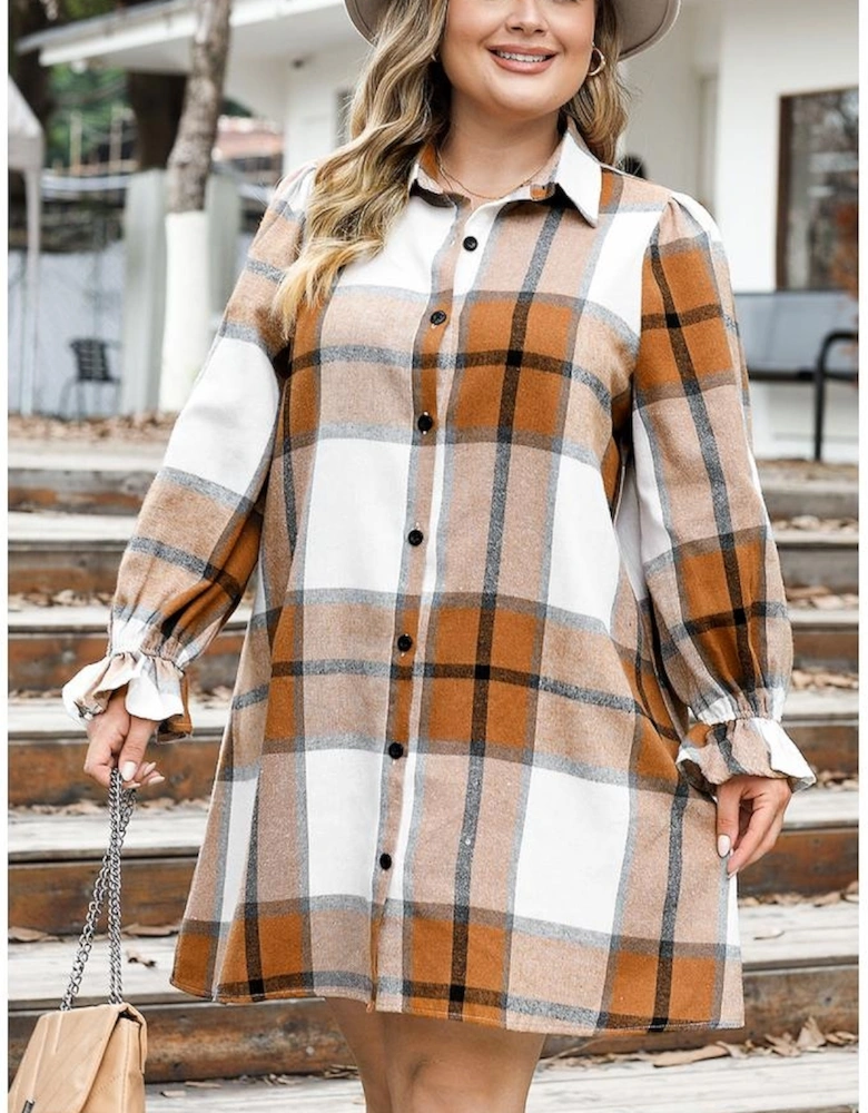 Khaki Plus Size Plaid Flounce Sleeve Button up Shirt Dress