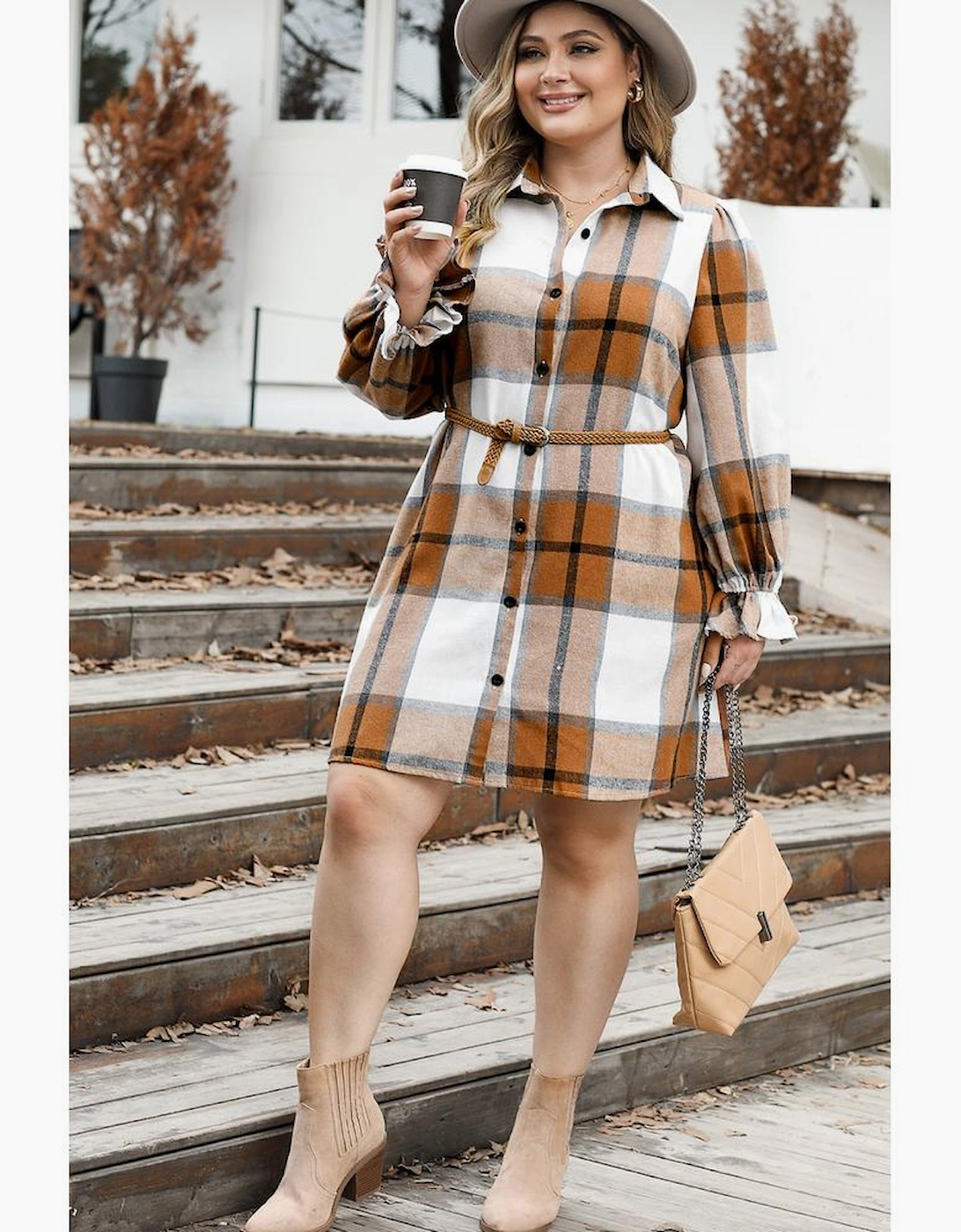 Khaki Plus Size Plaid Flounce Sleeve Button up Shirt Dress