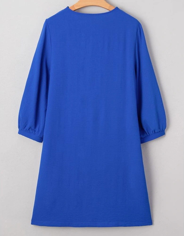 Sky Blue Frilled V Neck Bracelet Sleeve Shift Mini Dress