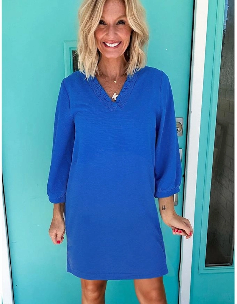 Sky Blue Frilled V Neck Bracelet Sleeve Shift Mini Dress