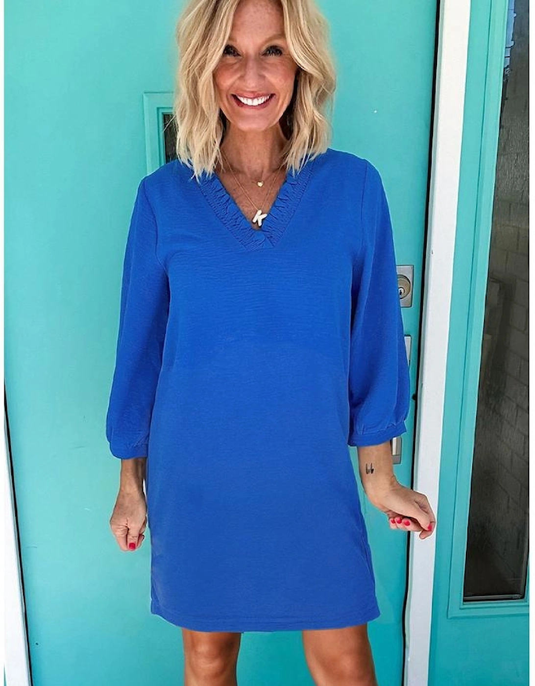 Sky Blue Frilled V Neck Bracelet Sleeve Shift Mini Dress, 12 of 11