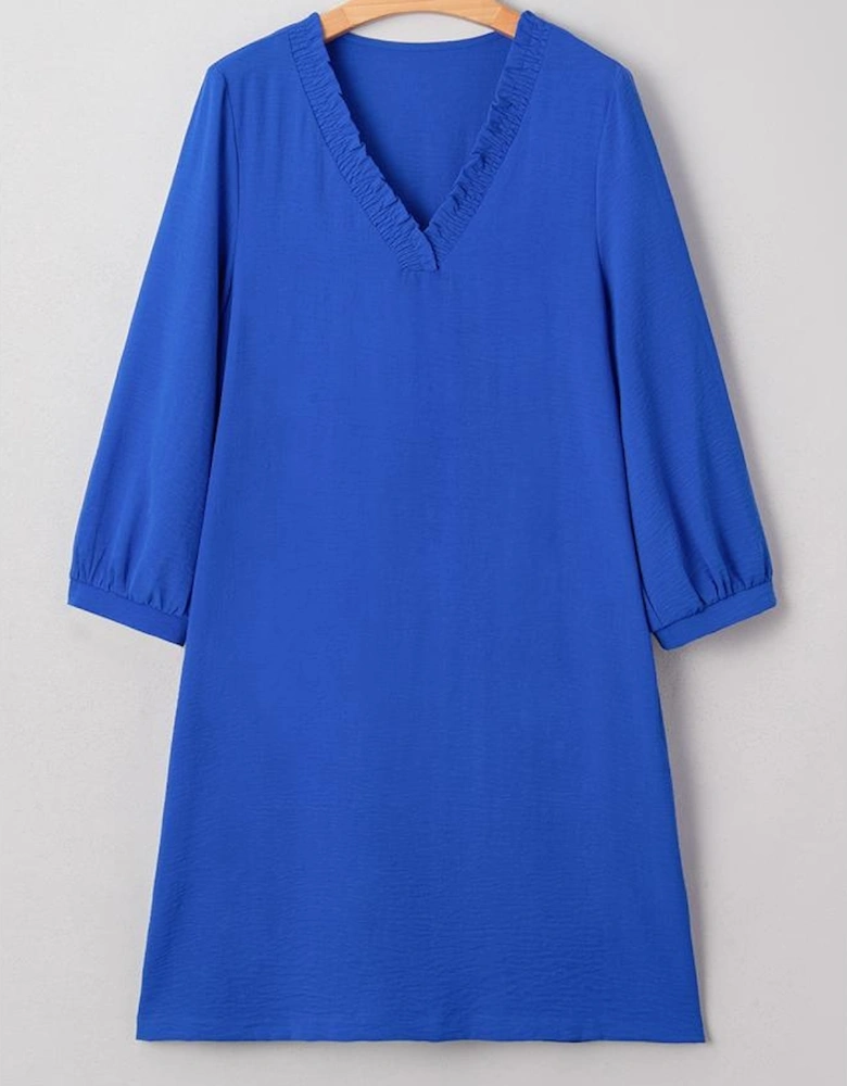 Sky Blue Frilled V Neck Bracelet Sleeve Shift Mini Dress
