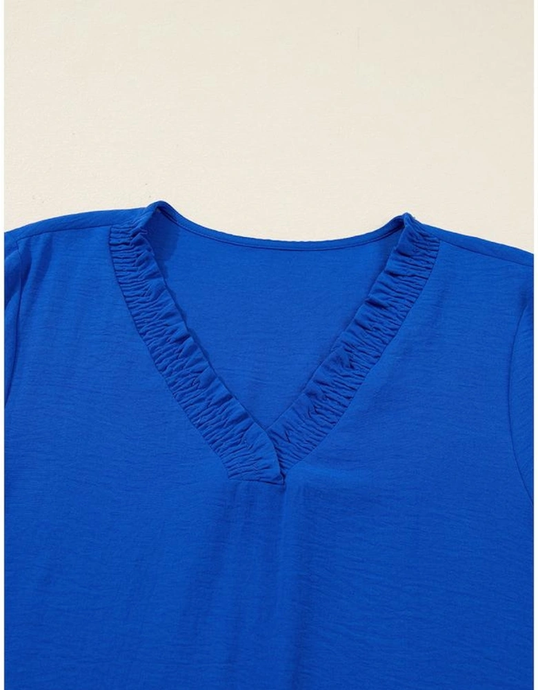 Sky Blue Frilled V Neck Bracelet Sleeve Shift Mini Dress