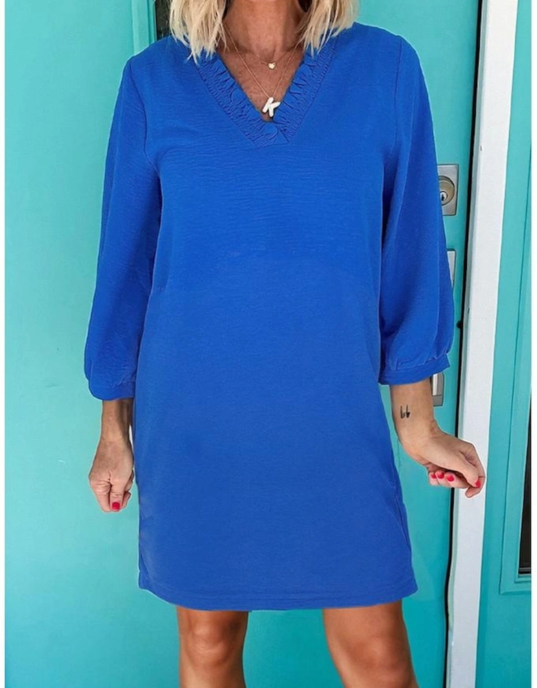Sky Blue Frilled V Neck Bracelet Sleeve Shift Mini Dress