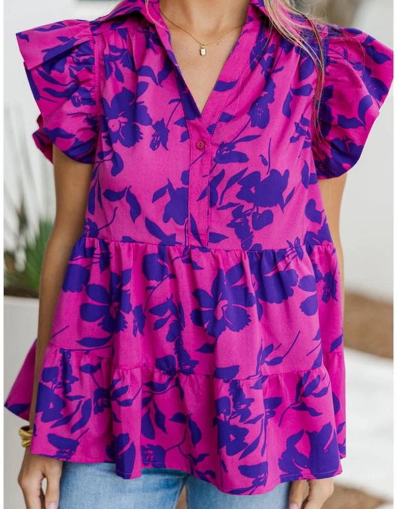 Rose Floral Print Collared Button Neckline Flutter Sleeve Blouse