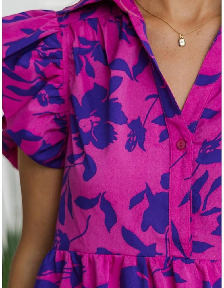 Rose Floral Print Collared Button Neckline Flutter Sleeve Blouse