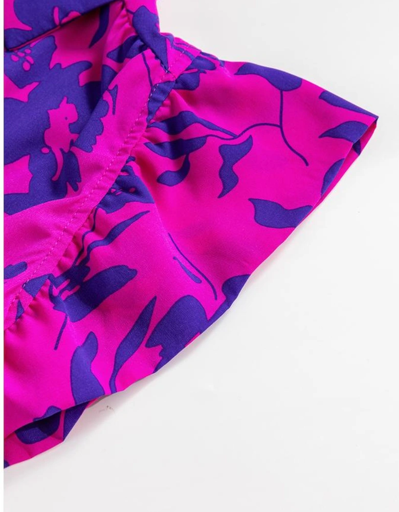 Rose Floral Print Collared Button Neckline Flutter Sleeve Blouse