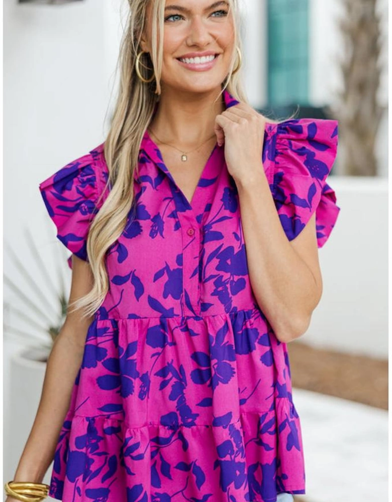 Rose Floral Print Collared Button Neckline Flutter Sleeve Blouse