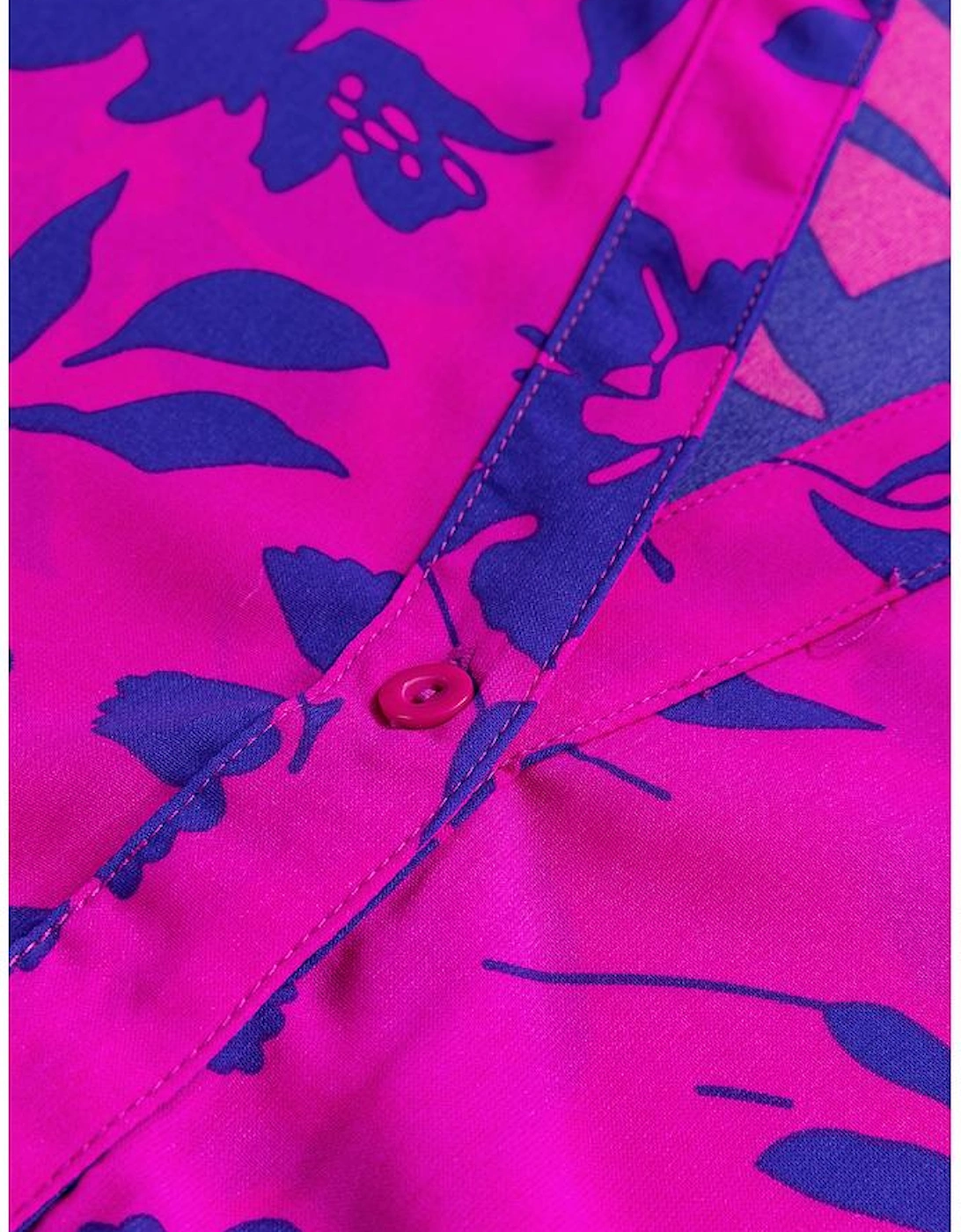 Rose Floral Print Collared Button Neckline Flutter Sleeve Blouse