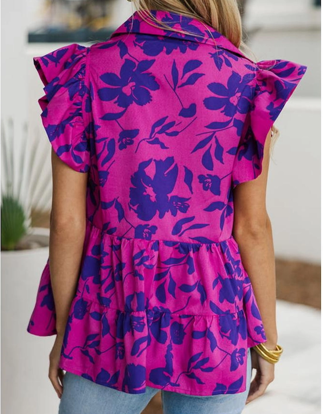 Rose Floral Print Collared Button Neckline Flutter Sleeve Blouse, 14 of 13