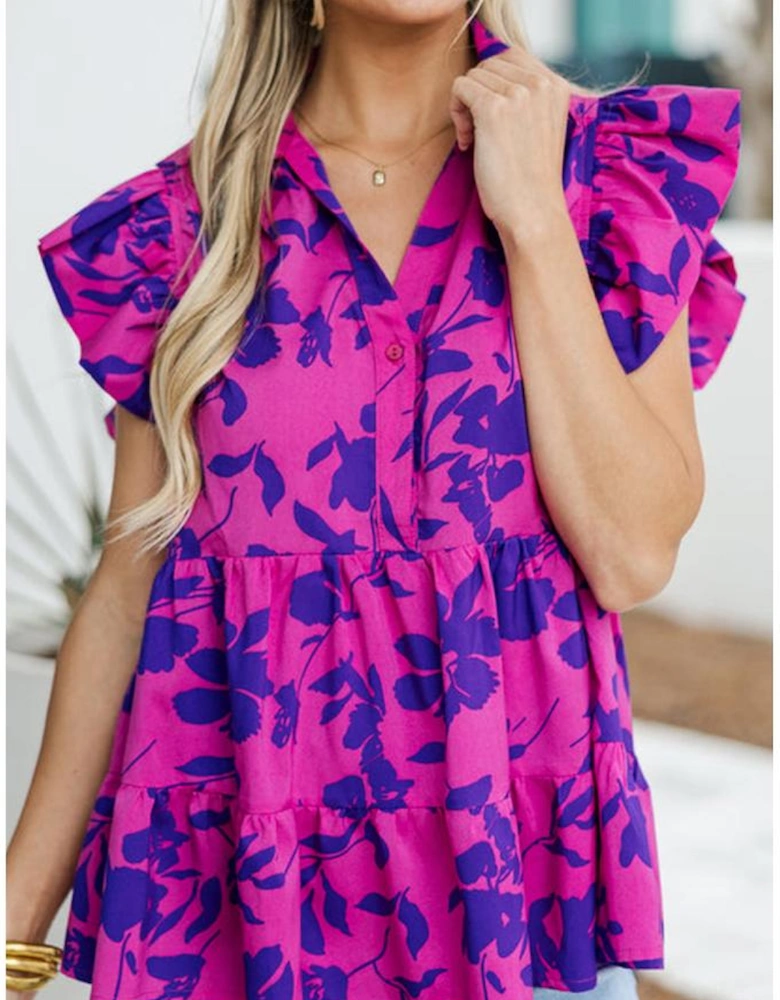 Rose Floral Print Collared Button Neckline Flutter Sleeve Blouse