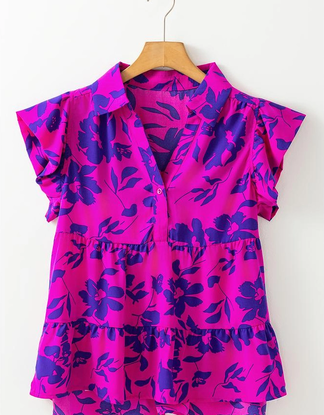 Rose Floral Print Collared Button Neckline Flutter Sleeve Blouse