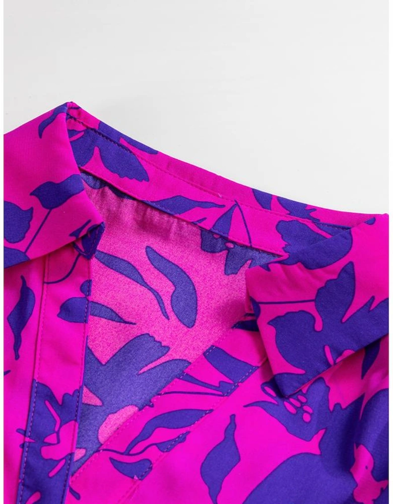 Rose Floral Print Collared Button Neckline Flutter Sleeve Blouse