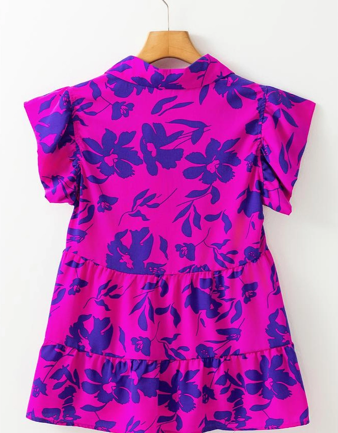 Rose Floral Print Collared Button Neckline Flutter Sleeve Blouse