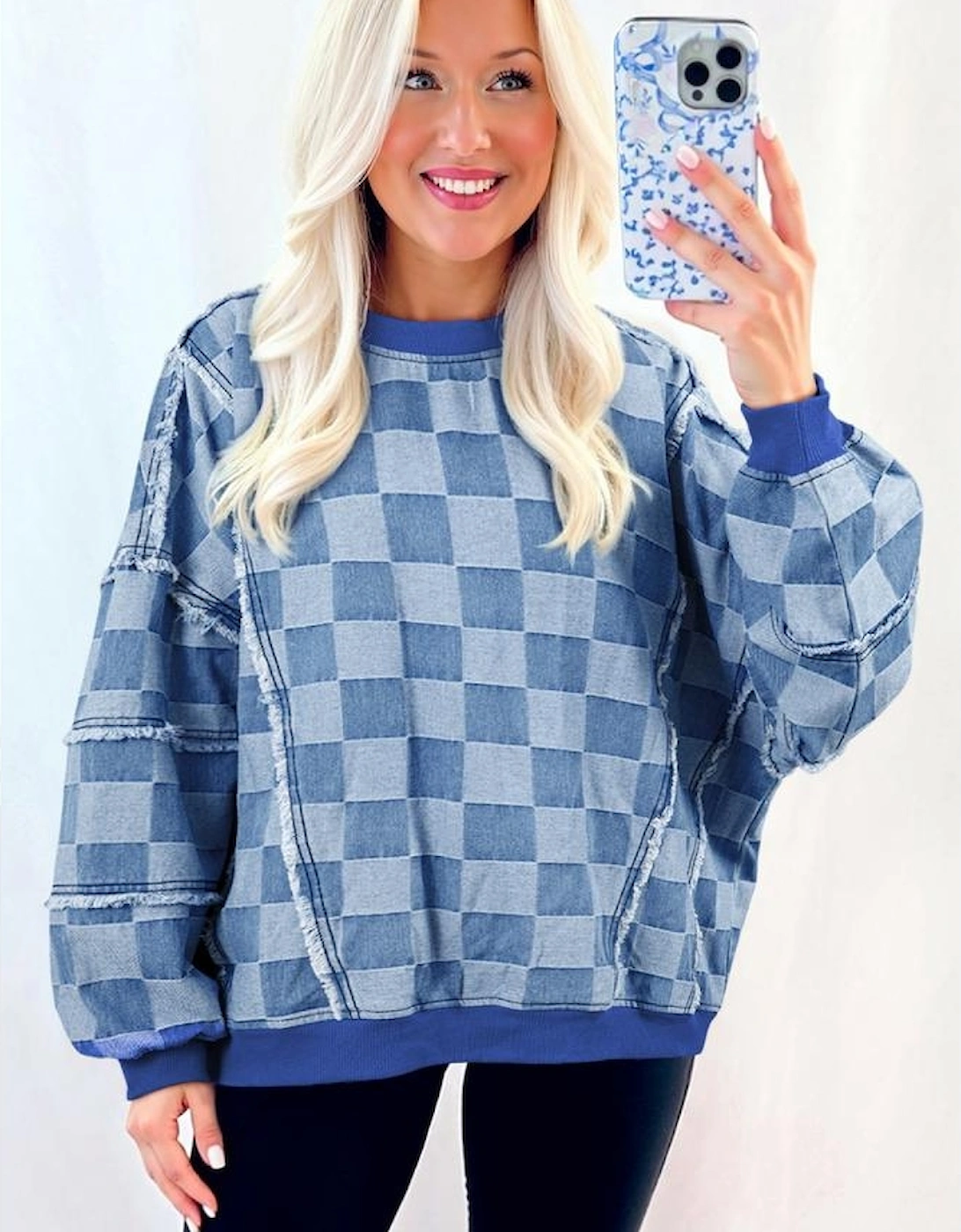 Sky Blue Checkerboard Splicing Raw Detail Oversized Denim Pullover