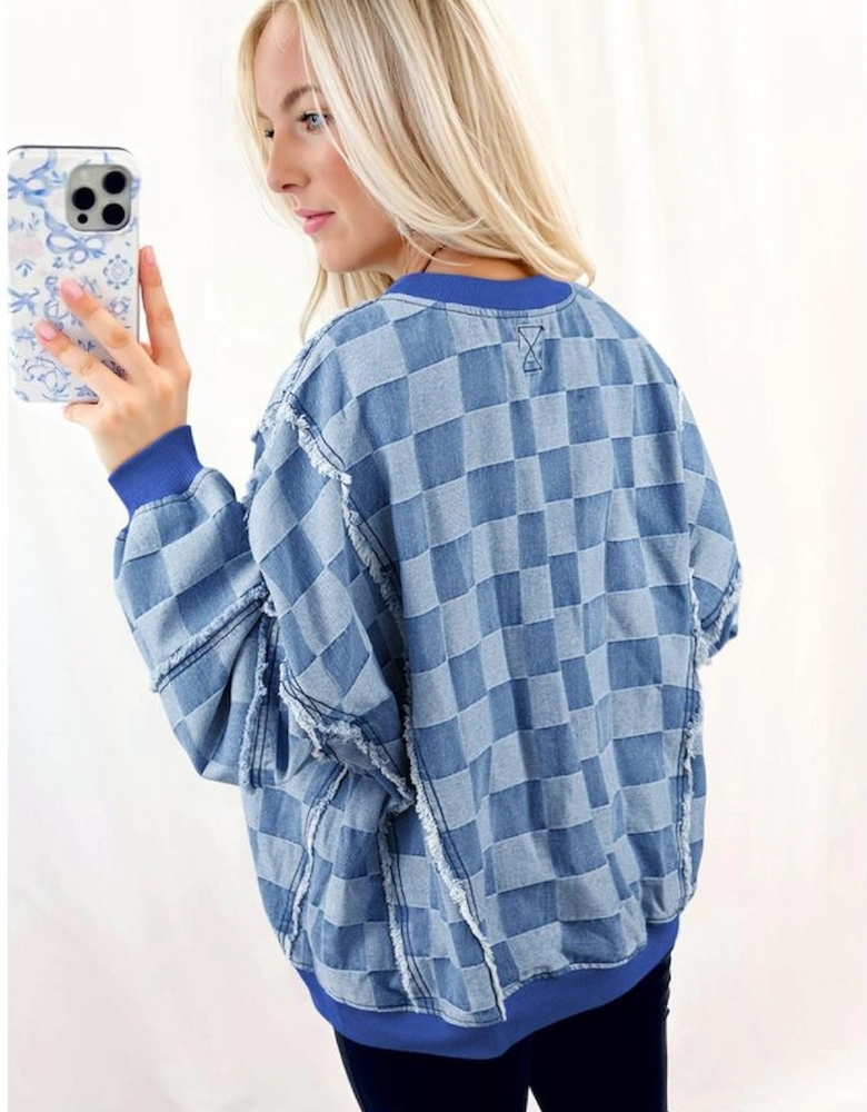 Sky Blue Checkerboard Splicing Raw Detail Oversized Denim Pullover
