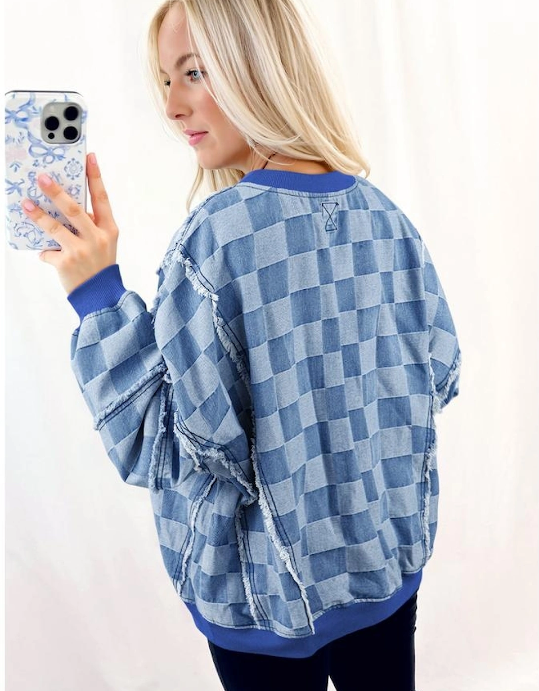 Sky Blue Checkerboard Splicing Raw Detail Oversized Denim Pullover, 11 of 10