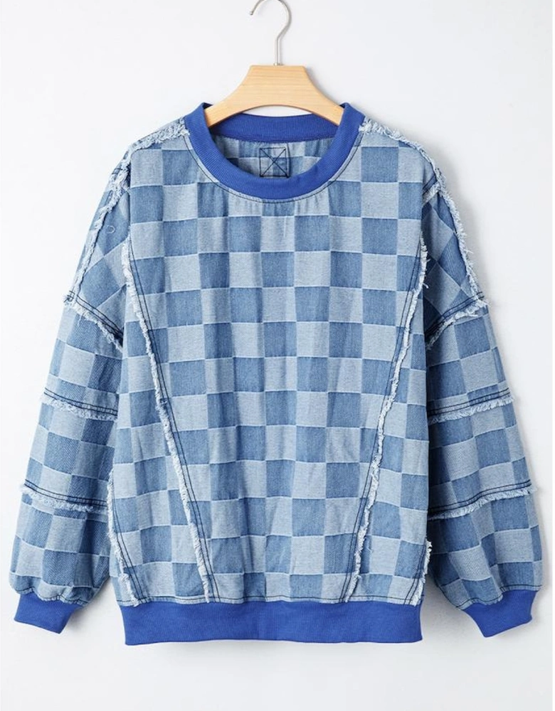Sky Blue Checkerboard Splicing Raw Detail Oversized Denim Pullover