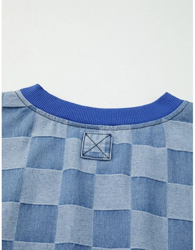 Sky Blue Checkerboard Splicing Raw Detail Oversized Denim Pullover