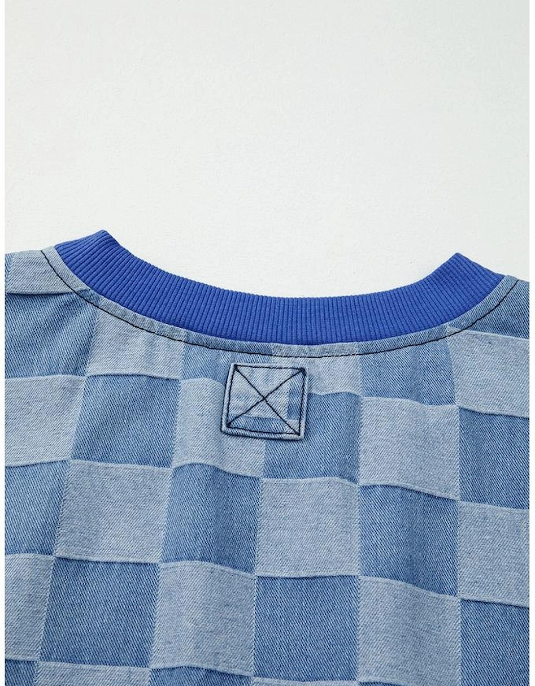 Sky Blue Checkerboard Splicing Raw Detail Oversized Denim Pullover