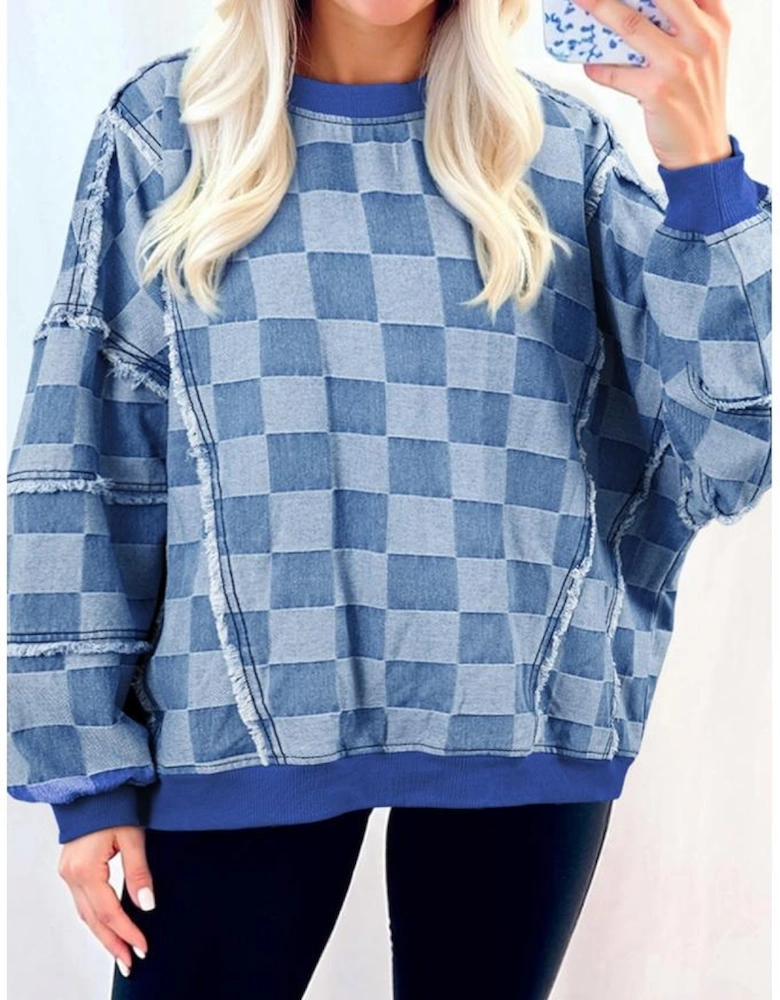 Sky Blue Checkerboard Splicing Raw Detail Oversized Denim Pullover
